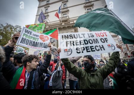 Des centaines de musulmans britanniques protestent devant l'ambassade de France à Londres contre les caricatures satiriques anti-musulmanes publiées par Charlie Hebdo. Banque D'Images