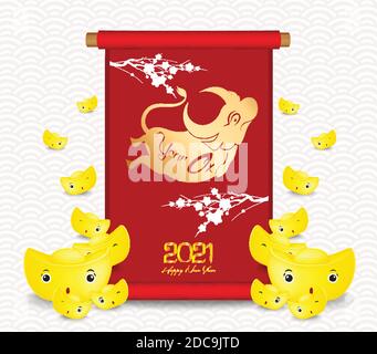 Joyeux nouvel an chinois 2021 avec fleurs de cerisier et lingots d'or. Année de l'Ox, défilement traditionnel chinois de la peinture Illustration de Vecteur