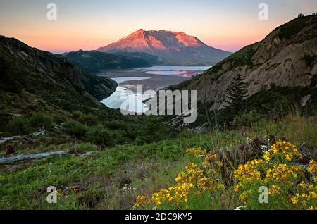 WA18323-00...WASHINGTON - vue en début de matinée sur le lac Spirit et le mont St. Helens depuis le col norvégien dans le monument volcanique national du mont St. Helens. Banque D'Images