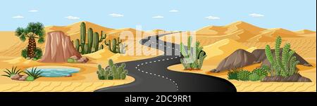 Oasis dans le désert avec route et palmiers et paysage naturel de cactus illustration de la scène Illustration de Vecteur