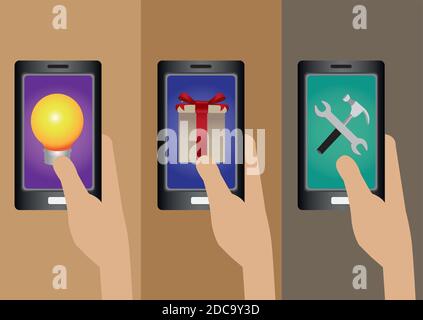 Jeu de trois illustrations vectorielles de la main tenant un smartphone avec symbole pour les applications logicielles sur l'écran tactile isolé sur arrière-plan brun uni Illustration de Vecteur