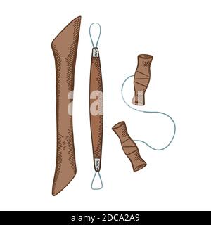 Ensemble d'outils colorés pour la poterie avec hachurage. Passe-temps et atelier. Couteau, lame de coupe et fil. Objet vectoriel pour cartes de vœux, étiquettes et Illustration de Vecteur