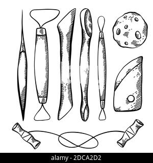 Ensemble de croquis d'outils pour la poterie et la sculpture avec l'éclosion. Passe-temps et atelier. Couteau, fil, éponge. Élément de gravure vectoriel pour carte de vœux Illustration de Vecteur