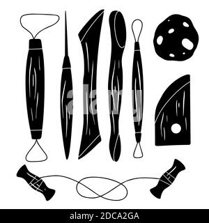 Ensemble d'outils de silhouette noirs pour la poterie. Passe-temps et atelier. Couteau, fil, éponge. L'objet est séparé de l'arrière-plan. Elem de dessin animé vectoriel Illustration de Vecteur