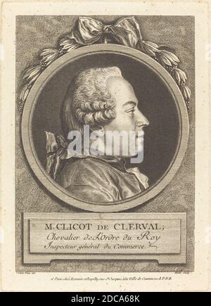 Pierre Etienne Moitte, (artiste), Français, 1722 - 1780, Charles-Nicolas Cochin II, (artiste d'après), Français, 1715 - 1790, M. Clicot de Clerval, gravure sur papier à poser, plaque: 19.6 x 14.1 cm (7 11/16 x 5 9/16 po.), feuille: 23.5 x 17.8 cm (9 1/4 x 7 po Banque D'Images