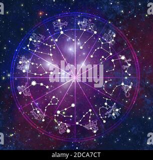 roue d'astrologie avec tous les signes du zodiaque et symboles de constellation Banque D'Images