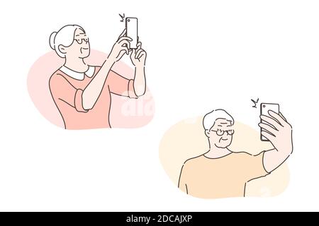 Les personnes âgées prennent le selfie, concept de réseau social. Un vieil homme et une femme prennent le selfie à l'aide d'un téléphone portable ou d'un smartphone. Graisse grand-mère perfectionnée par technologie Illustration de Vecteur
