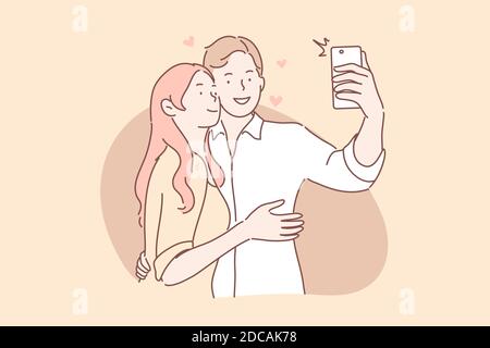 Couple amoureux prendre le concept de selfie. Petit ami et petite amie homme et femme se câblent et prend des photos ou prendre des photos sur smartphone ensemble. Couple amoureux Illustration de Vecteur