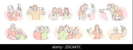 Jeunes et personnes âgées, concept de set de selfie. Différents gens, blogueurs, famille et couples dans l'amour, amis et oldster avec crone prennent selfie o Illustration de Vecteur