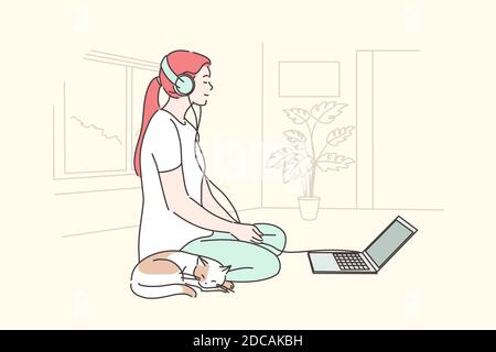 Musique, méditation, rêve, concept de détente. Jeune souriante femme calme fille personnage de dessin animé est assis au sol avec des écouteurs et chat audio d'écoute d'animal et dr Illustration de Vecteur