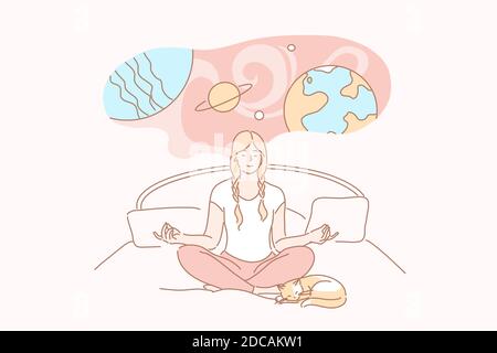 Rêve, yoga, méditation, détente, imagination concept. Jeune souriant calme femme ou fille personnage de dessin animé assis sur le lit ne yoga à la maison. Expansion du CO Illustration de Vecteur