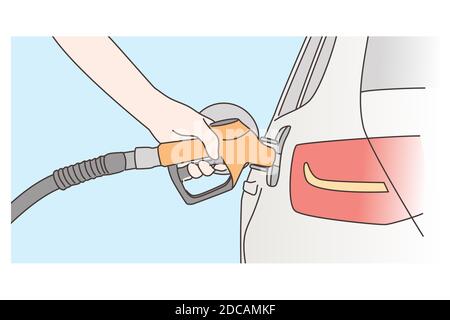 Économie, remplissage, essence concept. Faire le plein d'essence à main humaine dans une station-service ou pomper de l'essence. Effectuer l'entretien du biodiesel gazeux dans le réservoir du véhicule Illustration de Vecteur