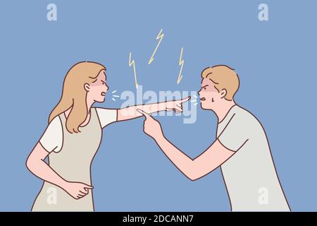 Famille, couple, querelle, divorce, agression, concept de conflit. Jeune homme agressif petit ami et femme petite amie parents hurlant et quereling. C Illustration de Vecteur