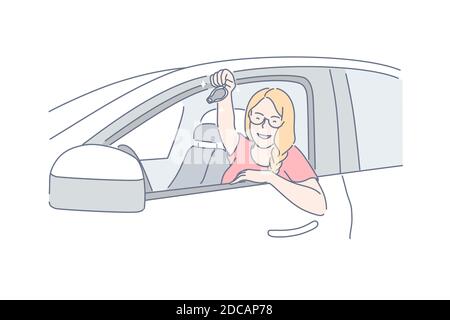 Voiture, acheter, passer le concept de conduite. Une jeune femme joyeuse a réussi son test de conduite et a obtenu son permis de conduire. Bonne fille a acheté une voiture neuve dans le salon et h Illustration de Vecteur