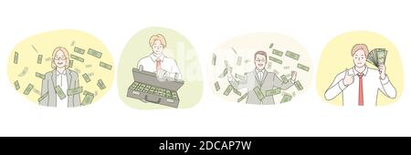 Faire des profits, la réussite, les gens riches, les salaires élevés, le concept d'homme d'affaires. Souriant, les hommes et les femmes d'affaires ont des tas de dollars américains de papier liquide Illustration de Vecteur