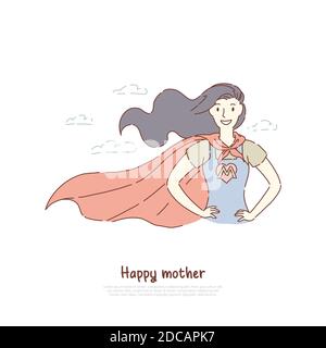 Mère courageuse debout dans la posture de super-héros, super maman en costume avec la lettre, meilleur parent, maternité heureuse, bannière parenting. Héros féminin à cape con Illustration de Vecteur