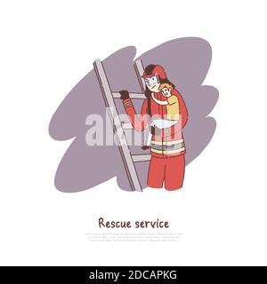 Courageux pompier escalade échelle, extincteur aider petit garçon effrayé, bannière de service de lutte contre l'incendie. Pompier avec un enfant dans un escalier Illustration de Vecteur