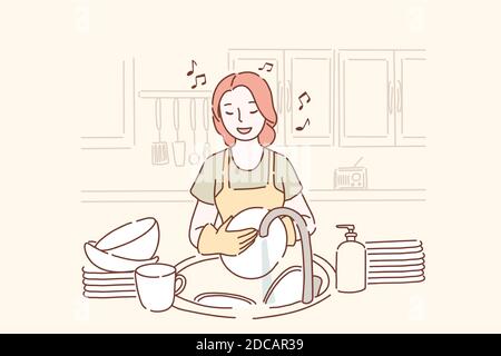 Une jeune femme lave la vaisselle et écoute de la musique dans la cuisine de bonne humeur. Fille gaie faisant le nettoyage et chantant une chanson à la maison. Dessin animé plat Illustration de Vecteur