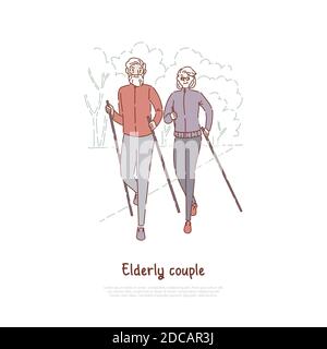 Couple de personnes âgées en promenade, fitness, exercice sportif, couple de personnes âgées mariées loisirs de plein air, bannière de retraite active. Mode de vie sain, marche nordique c Illustration de Vecteur