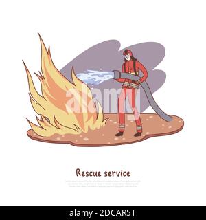 Pompier met hors feu avec de l'eau, brave pompier dans le tuyau de maintien uniforme, profession dangereuse, bannière de service de secours. Processus d'extinction de flamme Illustration de Vecteur