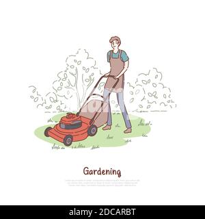 Homme travaillant avec tondeuse, l'élevage, le service de coupe d'herbe, les corvées extérieures, l'aménagement paysager, la bannière d'équipement de jardinage. Bon jardinier qui tond la pelouse Illustration de Vecteur