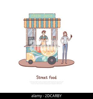 Homme vendant du jus frais, rafraîchissements d'été, vendeur et client heureux, restaurant de rue, service à emporter, bannière de kiosque de jus. Kiosque de vente de limonade Illustration de Vecteur
