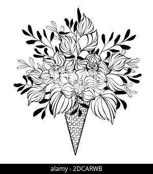 Cornet gaufré de contour avec bouquet d'orchidées artistiques, de contour et de plantes décoratives dessinées en noir sur fond blanc. Coloriage. Illustration de Vecteur