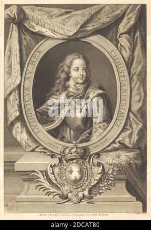 Nicolas de Larmessin IV, (artiste), français, 1684 - 1753 ou 1755, Hyacinthe Rigaud, (artiste d'après), français, 1659 - 1743, Louis XV, ch. 1720, gravure sur papier ponté, plaque : 35.1 x 23.8 cm (13 13/16 x 9 3/8 po Banque D'Images