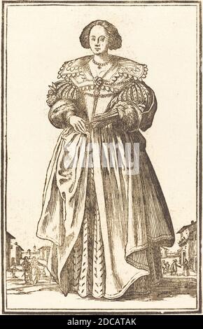 Français XVIIe siècle, (artiste), Jacques Callot, (artiste d'après), français, 1592 - 1635, Noble femme avec Fan, la noblesse de Lorraine, (série), coupe de bois Banque D'Images