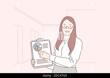 Analyse, indicateur de progression, concept de planification de conférence. Jeune femme heureuse femme d'affaires présentation d'analyste de performance pour la période. Réussi Illustration de Vecteur