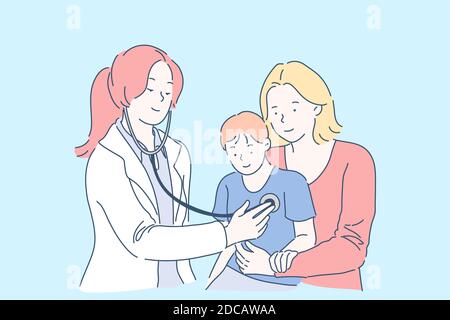 Examen médical en concept hospitalier. Médecin écoutant la poitrine de l'enfant, en vérifiant le rythme cardiaque à l'aide d'un stéthoscope, mère et fils rendant visite à pediatr femelle Illustration de Vecteur