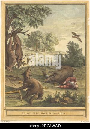 A.-J. de Fehrt, (artiste), français, 1723 - 1774, Jean-Baptiste Oudry, (artiste après), français, 1686 - 1755, le loup et le chasseur, les Fables de la Fontaine : fable CLXIX, (série), publié en 1756, gravure couleur main Banque D'Images