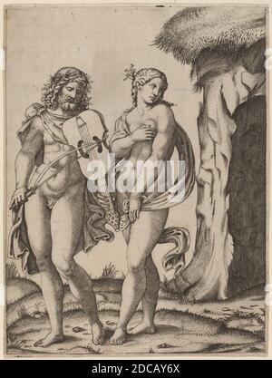 Marcantonio Raimondi, (artiste), Roman, c. 1480 - c. 1534, Orpheus et Eurydice, gravure Banque D'Images