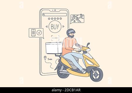 Shopping, livraison rapide, marketing numérique, quarantaine concept de coronavirus. Homme garçon fournisseur personnage de dessin animé va à la commande en scooter. Application p Illustration de Vecteur