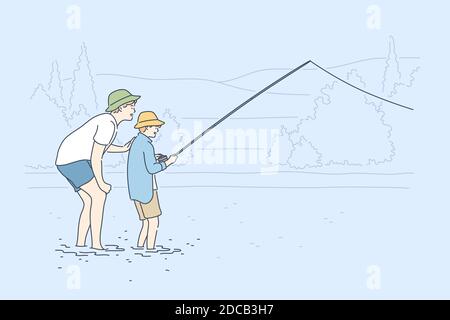 Paternité, pêche, enfance, formation, concept de loisirs. Jeune homme père enseignant garçon enfant fils adolescent attrapant du poisson sur le lac. Graisse de soins familiaux Illustration de Vecteur