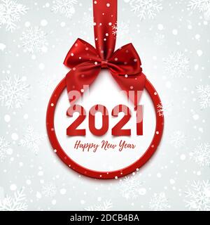 Bonne année 2021 bannière ronde avec ruban rouge. Illustration de Vecteur