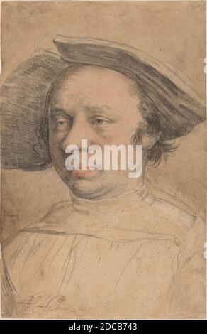 Suisse XVIe siècle, (artiste), Hans Holbein le plus jeune, (artiste après), allemand, 1497/1498 - 1543, Portrait d'un homme dans un chapeau à large bord, c. 1526, craie noire et craie rouge mouillée avec lavage brun sur papier poncé, total: 30.3 x 19.6 cm (11 15/16 x 7 11/16 po Banque D'Images