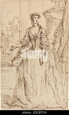 John Vanderbank, (artiste), Britannique, probablement 1694 - 1739, Portrait d'une dame debout, 1734, stylo et encre brune sur papier coupi, total: 29.7 x 18.5 cm (11 11/16 x 7 5/16 po Banque D'Images