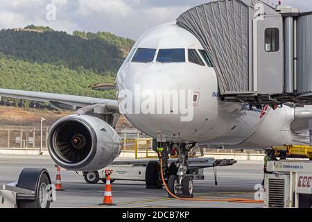 Vue avant d'un Airbus A320 et d'une passerelle d'embarquement de passagers fixée à l'aéroport Sabiha Gokcen. Istanbul / Turquie. Banque D'Images