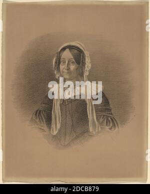 Eastman Johnson, (artiste), américain, 1824 - 1906, Portrait d'une vieille femme, début des années 1840, crayon noir et graphite rehaussé de blanc sur papier vélin vert, feuille : 23.4 × 19.1 cm (9 3/16 × 7 1/2 po Banque D'Images