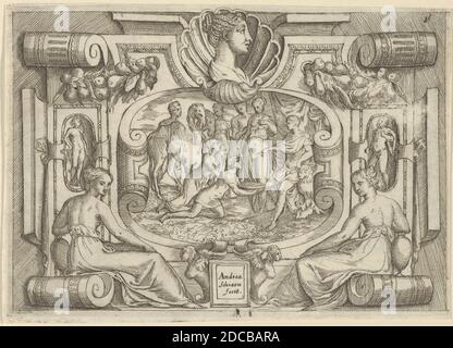 Un homme et une femme offrant un plateau de pièces à un roi assis sur un trône, dans un cadre élaboré, ca. 1540-80. Auparavant attribué à Andrea Schiavone. Banque D'Images