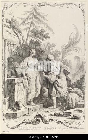 Joseph Wagner, (éditeur), allemand, 1706 - 1780, Jacopo Amigoni, (artiste après), italien, 1675 - 1752, Rebecca at the Well, scènes de l'ancien Testament, (série), c. 1745, gravure et gravure sur papier couté, feuille (découpée au repère de la plaque) : 51.7 x 33.8 cm (20 3/8 x 13 5/16 po Banque D'Images