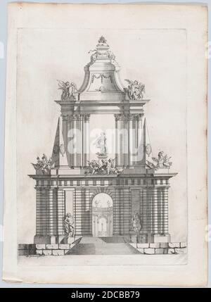 Arc triomphal avec trois couronnes en haut, une fontaine au loin, 1726. Banque D'Images