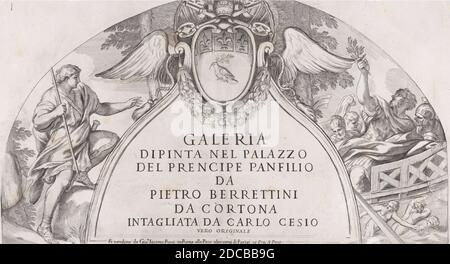 Page de titre à 'Galleria Dipinta nel Palazzo del Prencipe Panfilio' après les fresques de plafond par Pietro da Cortona représentant l'histoire d'Aeneas dans le Palazzo Pamphili, Rome, ca. 1661. Banque D'Images