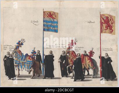 Assiette 37: Hommes avec drapeaux héraldiques et chevaux de Zélande et de Hollande marchant dans le cortège funéraire de l'Archduke Albert d'Autriche; de 'Pompa Funebris ... Alberti PII', 1623. Banque D'Images