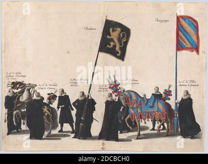 Assiette 45: Hommes avec drapeaux héraldiques et chevaux de la Maison du Brabant et de Bourgogne marchant dans le cortège funéraire de l'Archduke Albert d'Autriche; de 'Pompa Funebris ... Alberti PII', 1623. Banque D'Images