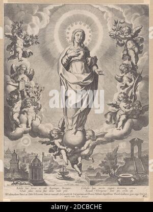 La Vierge dans la gloire, debout sur les nuages et entourée d'anges tenant les symboles de l'Immaculée conception, 1595-1633. Banque D'Images