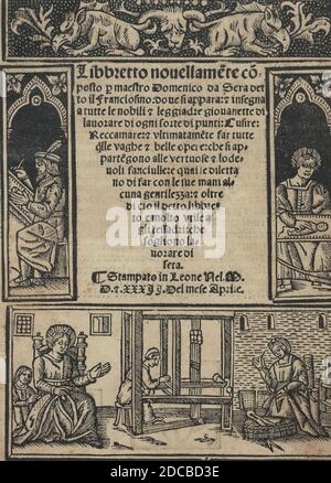 Libbretto nouellamete componto per maestro Domenico da Sera...lauorare di ogni sorte di punti, page de titre (recto), 12 avril 1532. [Page de titre avec scènes nationales et production textile]. Banque D'Images