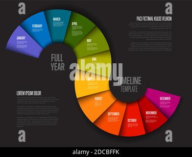 Modèle de calendrier annuel complet avec tous les mois sur deux cercles papiers arc-en-ciel pliés - version fond foncé Illustration de Vecteur
