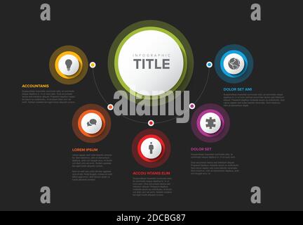 Modèle Infographique vectoriel polyvalent avec options de titre et cinq éléments et couleurs modernes sur fond sombre Illustration de Vecteur